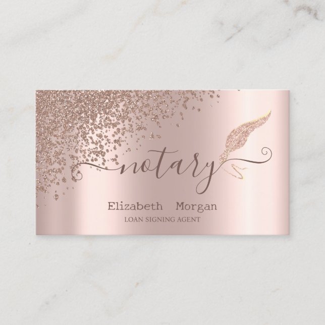 Elegant Glitter Feather Notary Rose Gold Diamonds Business Card (Front)