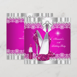 Elegant Glitter Glamour Hot Pink Hi Heels Lipstick Invitation