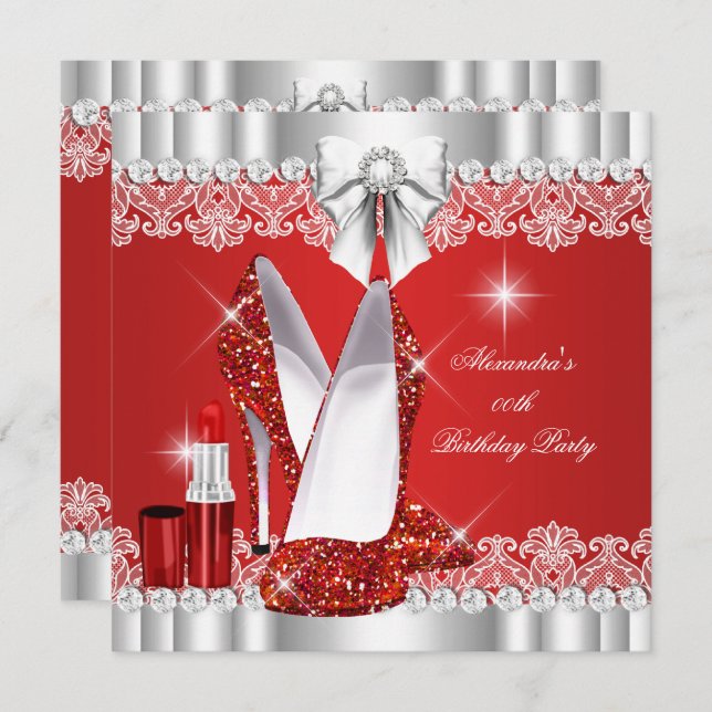 Elegant Glitter Glamour Red Hi Heels Lipstick Invitation (Front/Back)