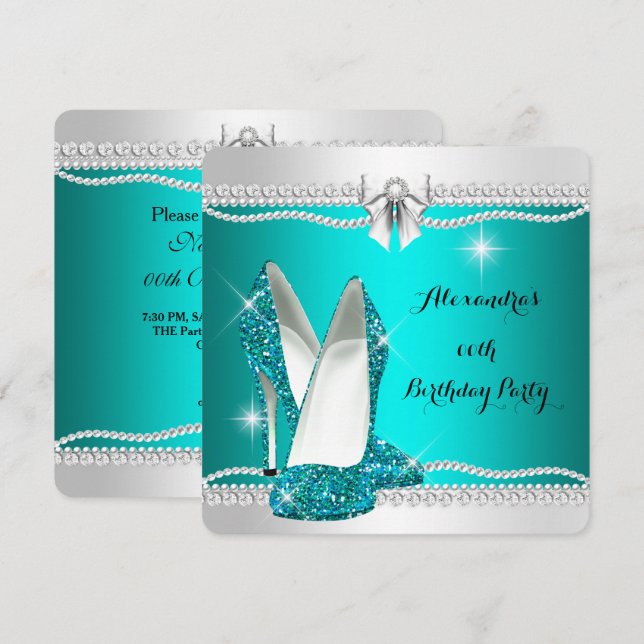 Elegant Glitter Glamour Teal High Heels Birthday Invitation (Front/Back)