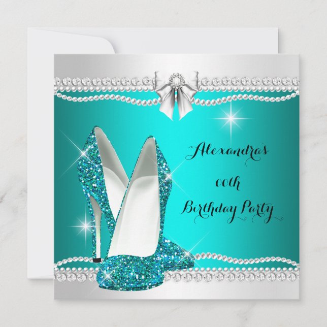 Elegant Glitter Glamour Teal High Heels Birthday Invitation (Front)