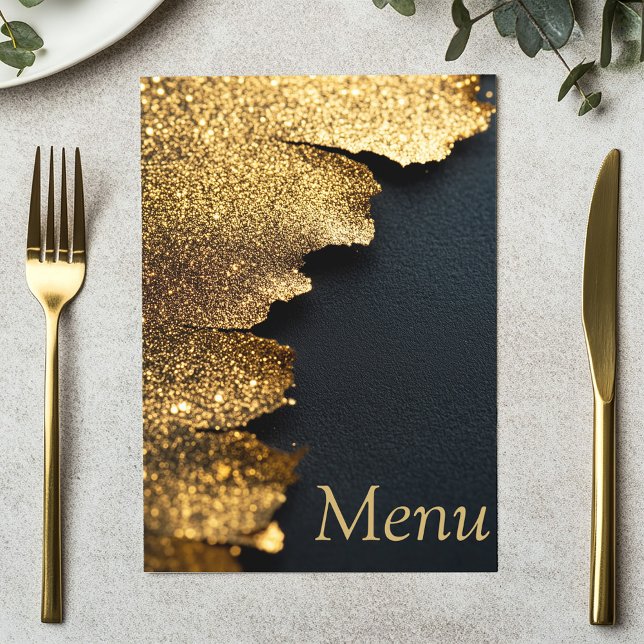 Elegant glitter Gold and Black Menu Card (Menu card. Luxurious gold foil texture effect with a sleek black background and elegant gold text)