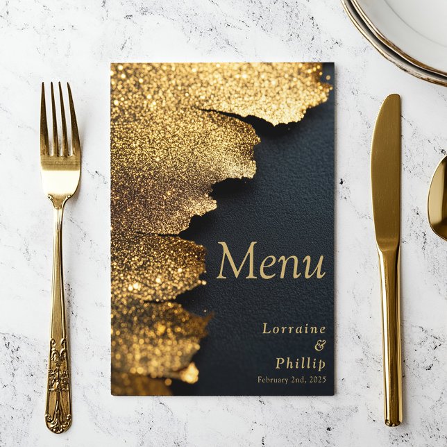 Elegant glitter Gold and Black wedding Menu Card (A luxurious gold foil texture effect menu card. Sleek black background and elegant gold text)