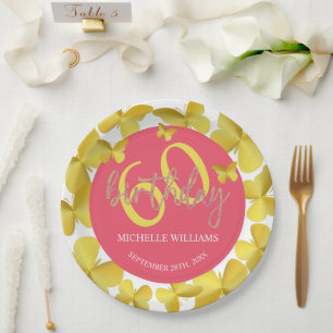 Elegant Glitter Gold Butterfly Calligraphy  Paper Plate