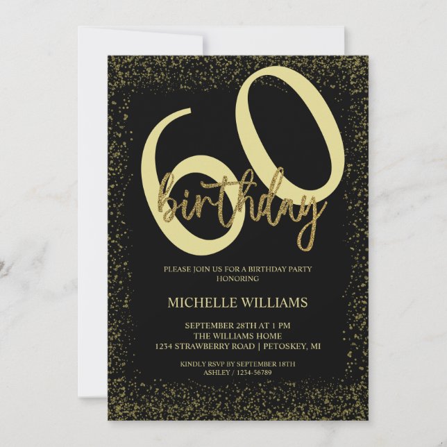 Elegant Glitter  Gold Calligraphy Birthday Invitation (Front)