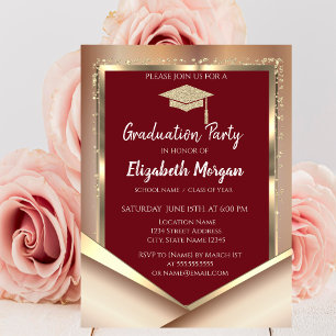 Elegant Glitter Gold Diamonds Maroon Graduation Invitation