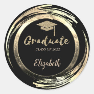 Elegant Glitter Gold Grad Cap,Black Classic Round Sticker
