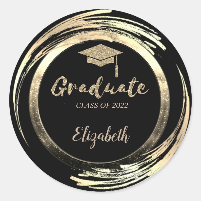 Elegant Glitter Gold Grad Cap,Black Classic Round Sticker (Front)