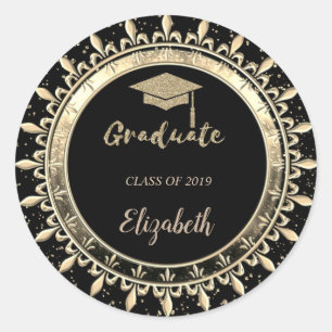 Elegant Glitter Gold Grad Cap,Confetti Classic Round Sticker