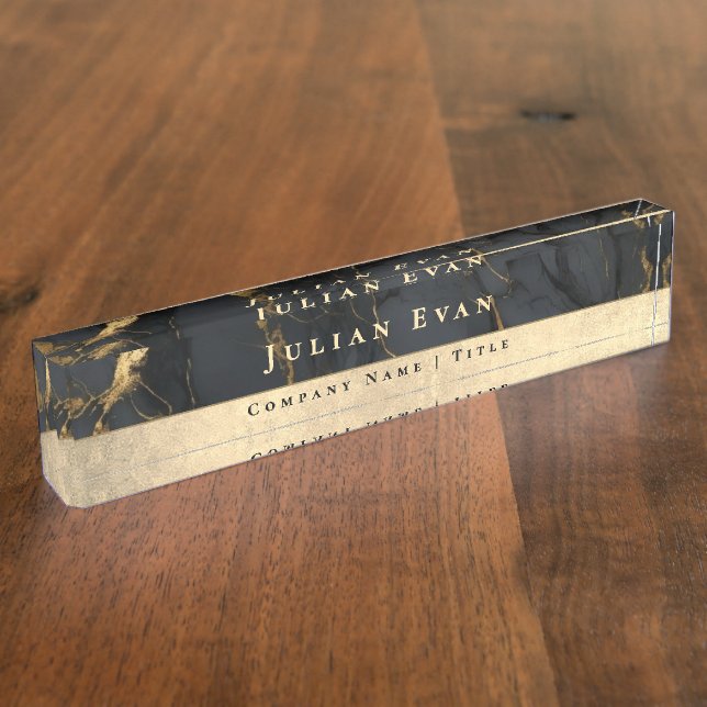 Elegant Glitter Gold Luxe Black Agate Marble Nameplate (Side)