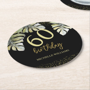 Elegant Glitter Gold Palm Calligraphy Birthday Round Paper Coaster