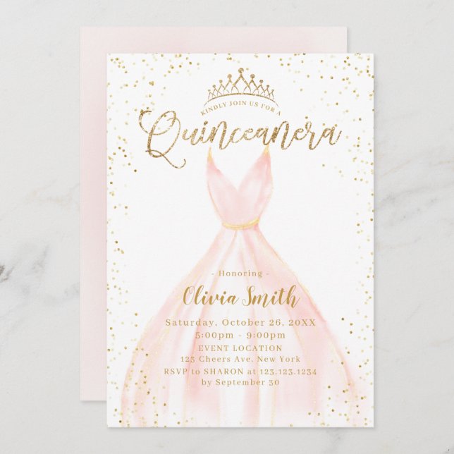 Elegant glitter gold & pink Cinderella Quinceañera Invitation (Front/Back)