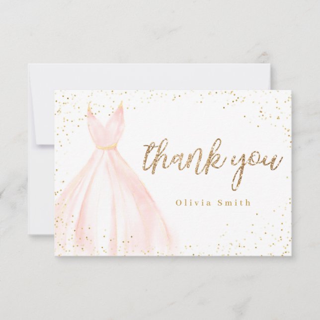 Elegant glitter gold pink dress quinceañera thank you card (Front)