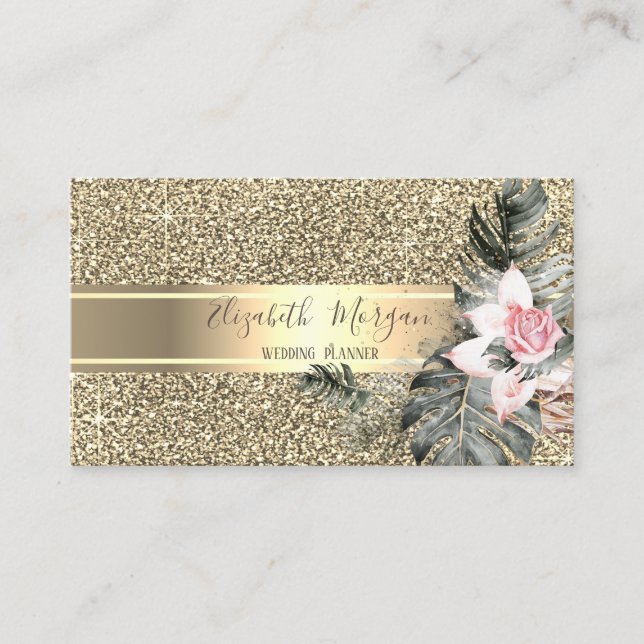 Elegant Glitter ,Gold Stripe,Palm Leaves,Roses Business Card (Front)