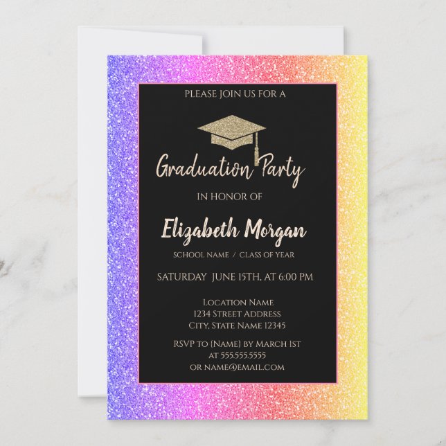 Elegant Glitter Grad Cap Colourful Glitter Invitation (Front)