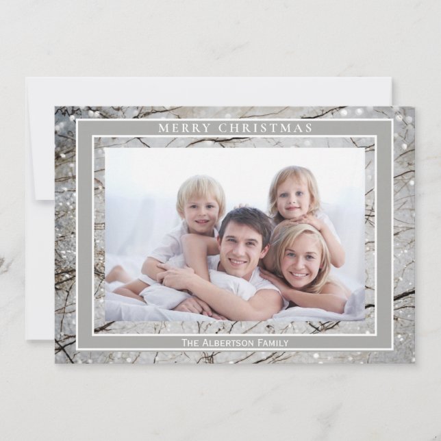 Elegant Glitter Gray Marble Photo Merry Christmas Holiday Card (Front)