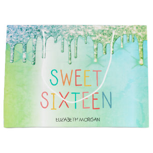 Elegant Glitter Green Drips Colourful Sweet 16 Large Gift Bag