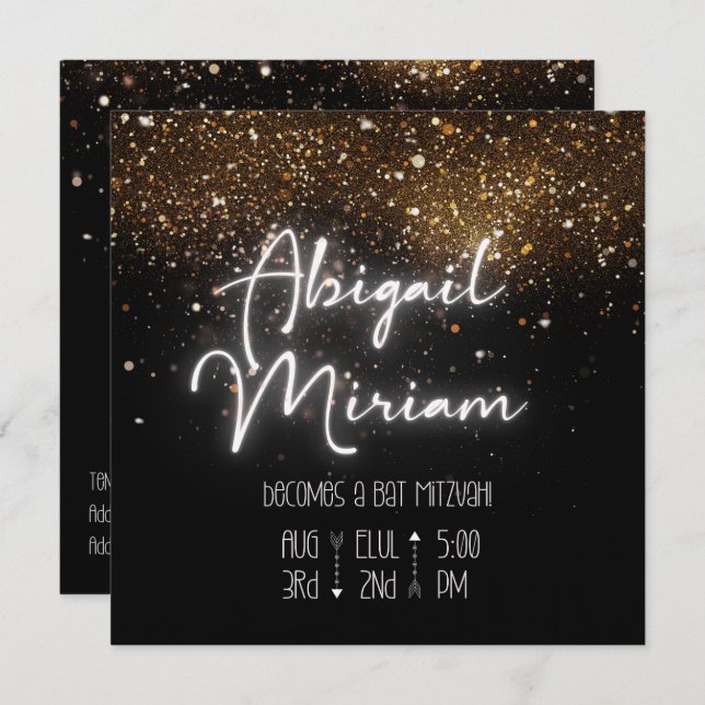 Elegant Glitter Hebrew Bat Mitzvah Invitation (Front/Back)