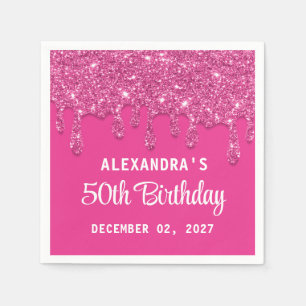 Elegant Glitter Hot Pink Drips 50th Birthday Napkin