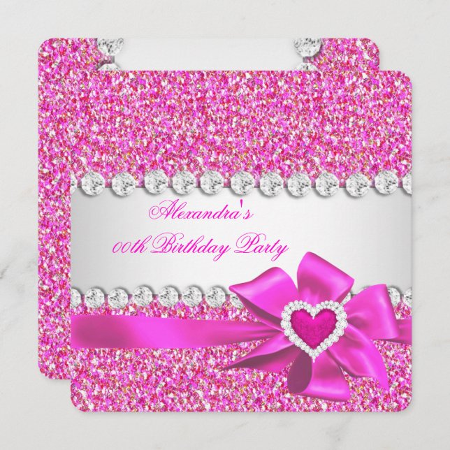Elegant Glitter Hot Pink Heart Bow Birthday Party Invitation (Front/Back)
