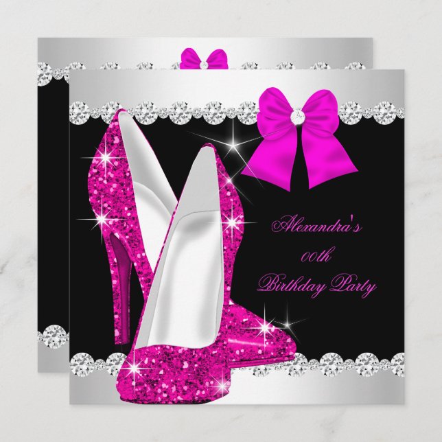 Elegant Glitter Hot Pink High Heels Birthday Invitation (Front/Back)