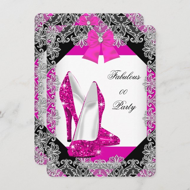Elegant Glitter Hot Pink Stiletto Birthday Party 4 Invitation (Front/Back)