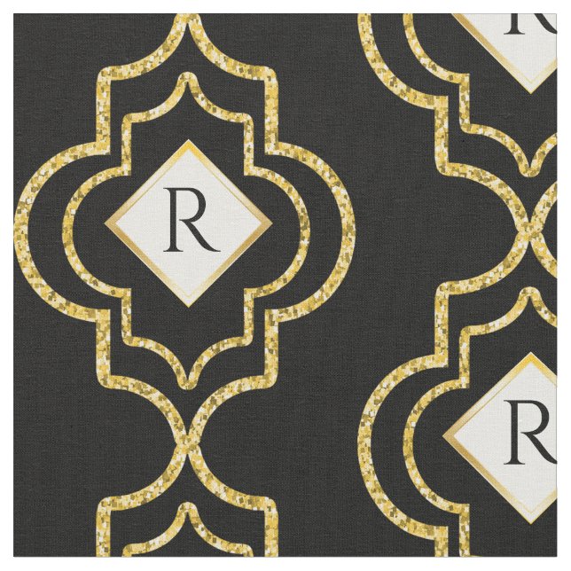 Elegant Glitter Look Black | Gold Moroccan Tile Fabric (Close Up)