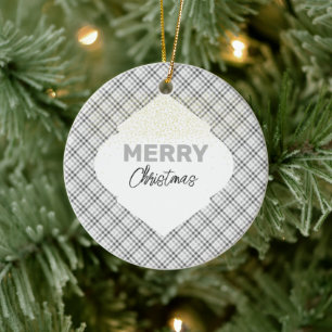Elegant Glitter Merry Christmas Plaid Grey White Ceramic Ornament
