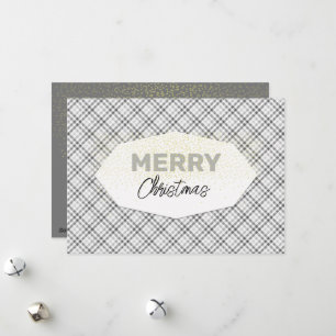 Elegant Glitter Merry Christmas Tartan Grey White Holiday Card