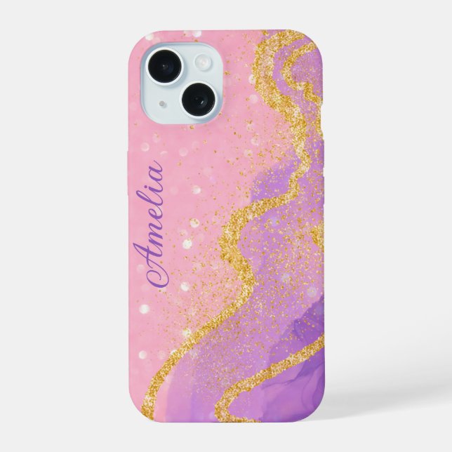 Elegant Glitter monogrammed Name iPhone 15 Case (Back)