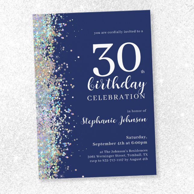 Elegant Glitter Navy  Blue 30th Birthday Invitation (Elegant Glitter Navy Blue 30th Birthday Invitation)