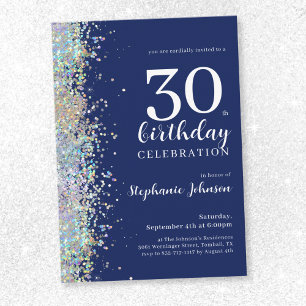 Elegant Glitter Navy Blue 30th Birthday Party Invitation