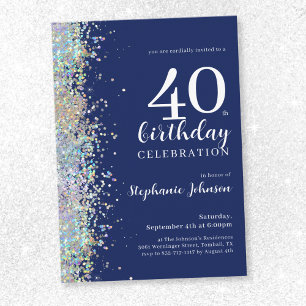 Elegant Glitter Navy Blue 40th Birthday Party Invitation