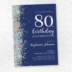 Elegant Glitter Navy Blue 80th Birthday Party Invitation