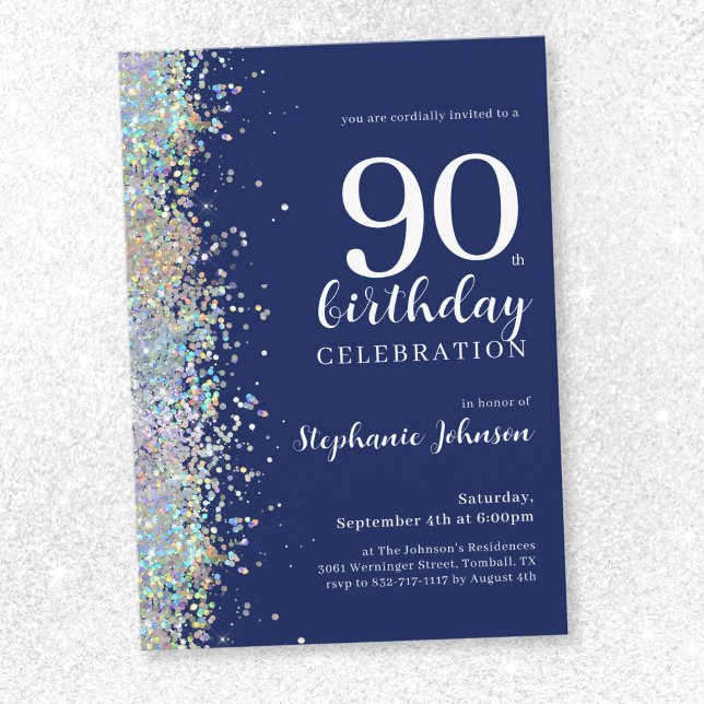 Elegant Glitter Navy Blue 90th Birthday Invitation (Elegant Glitter Navy Blue 90th Birthday Invitation)