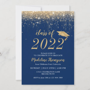 Elegant Glitter Navy Blue Gold Hat Graduation Invitation