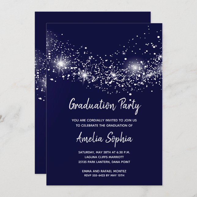 Elegant Glitter Navy Blue Graduation Party Invites (Front/Back)