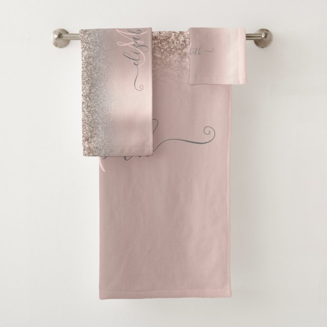 Elegant Glitter Ombre Rose Gold Monogram  Bath Towel Set (Insitu)