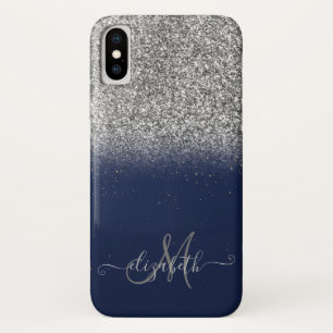 Elegant Glitter Ombre Silver Monogram Navy Blue iPhone X Case