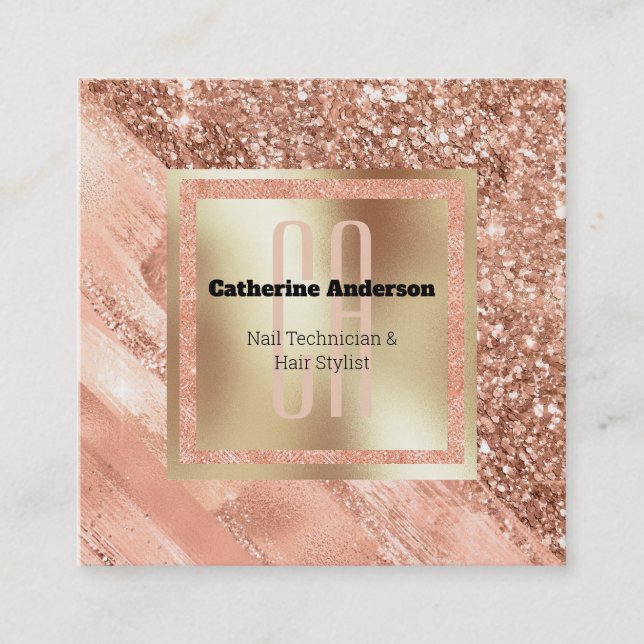 Elegant glitter peach gold nail technician beauty  square business card (Front)