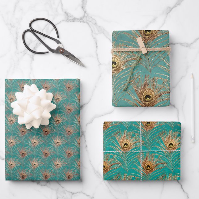 Elegant Glitter Peacock Feathers Pattern  Wrapping Paper Sheet (Front)