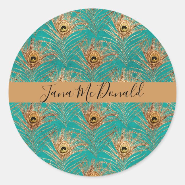 Elegant Glitter Peacock Feathers Personalised  Classic Round Sticker (Front)