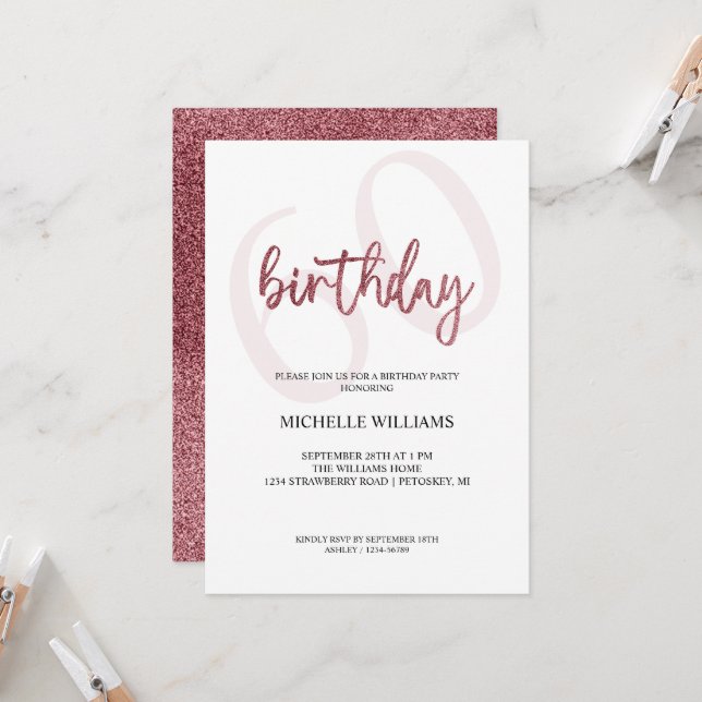 Elegant Glitter Pink Calligraphy Birthday Invitation (Front/Back In Situ)