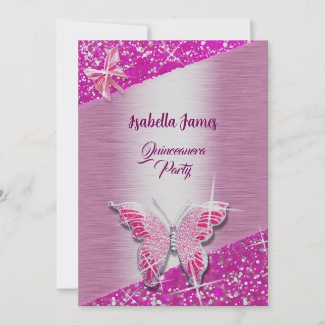 elegant glitter pink foil sparkle Butterfly classy Invitation (Front)