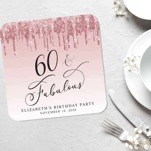 Elegant Glitter Pink Rose Gold 60th Birthday Party Square Paper Coaster (Creator Uploaded)