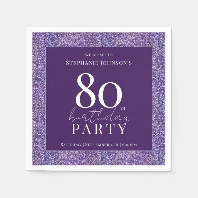 Elegant Glitter Purple 80th Birthday Party Napkin (Front)