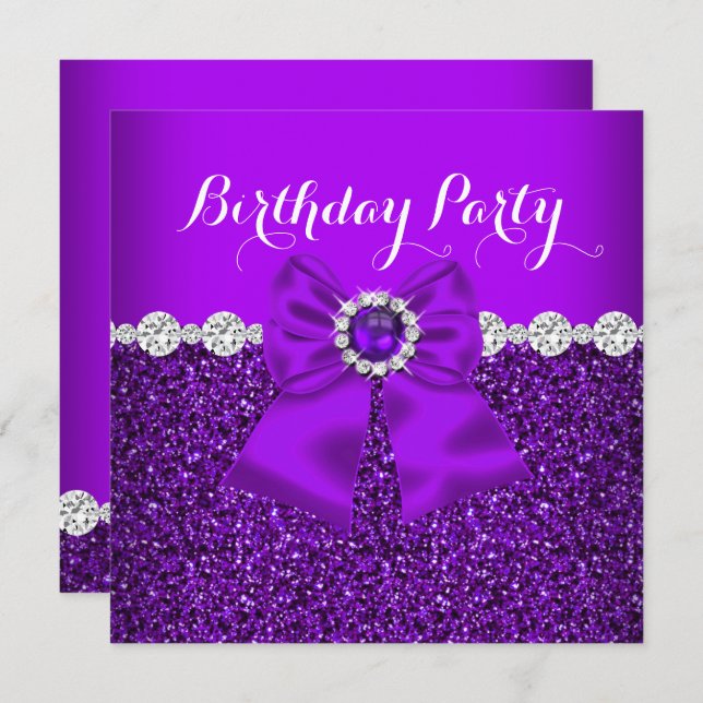 Elegant Glitter Purple Pearl Diamonds Bow Birthday Invitation (Front/Back)