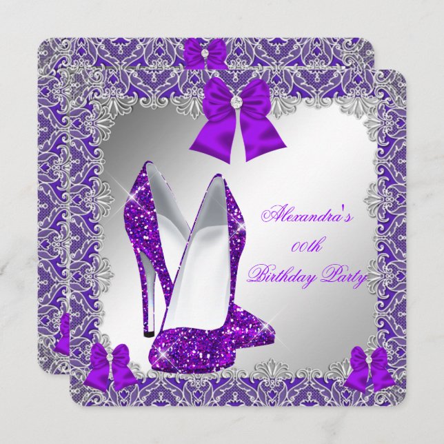Elegant Glitter Purple Stiletto Birthday Party Invitation (Front/Back)