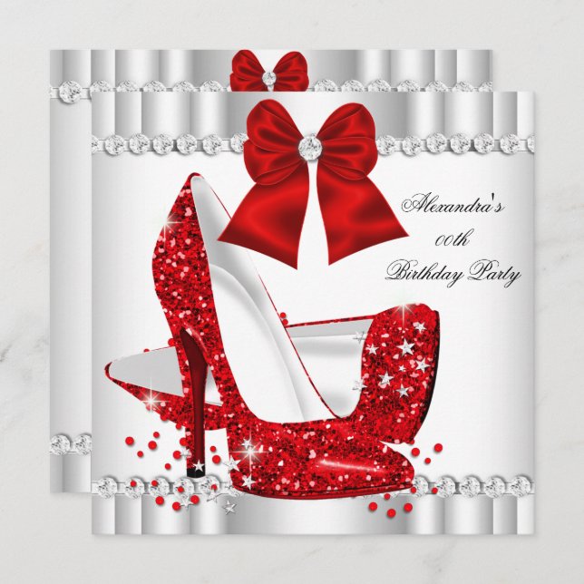 Elegant Glitter Red Glamour High Heels White Invitation (Front/Back)