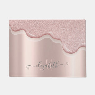 Elegant Glitter Rose Gold Drips Monogram Doormat